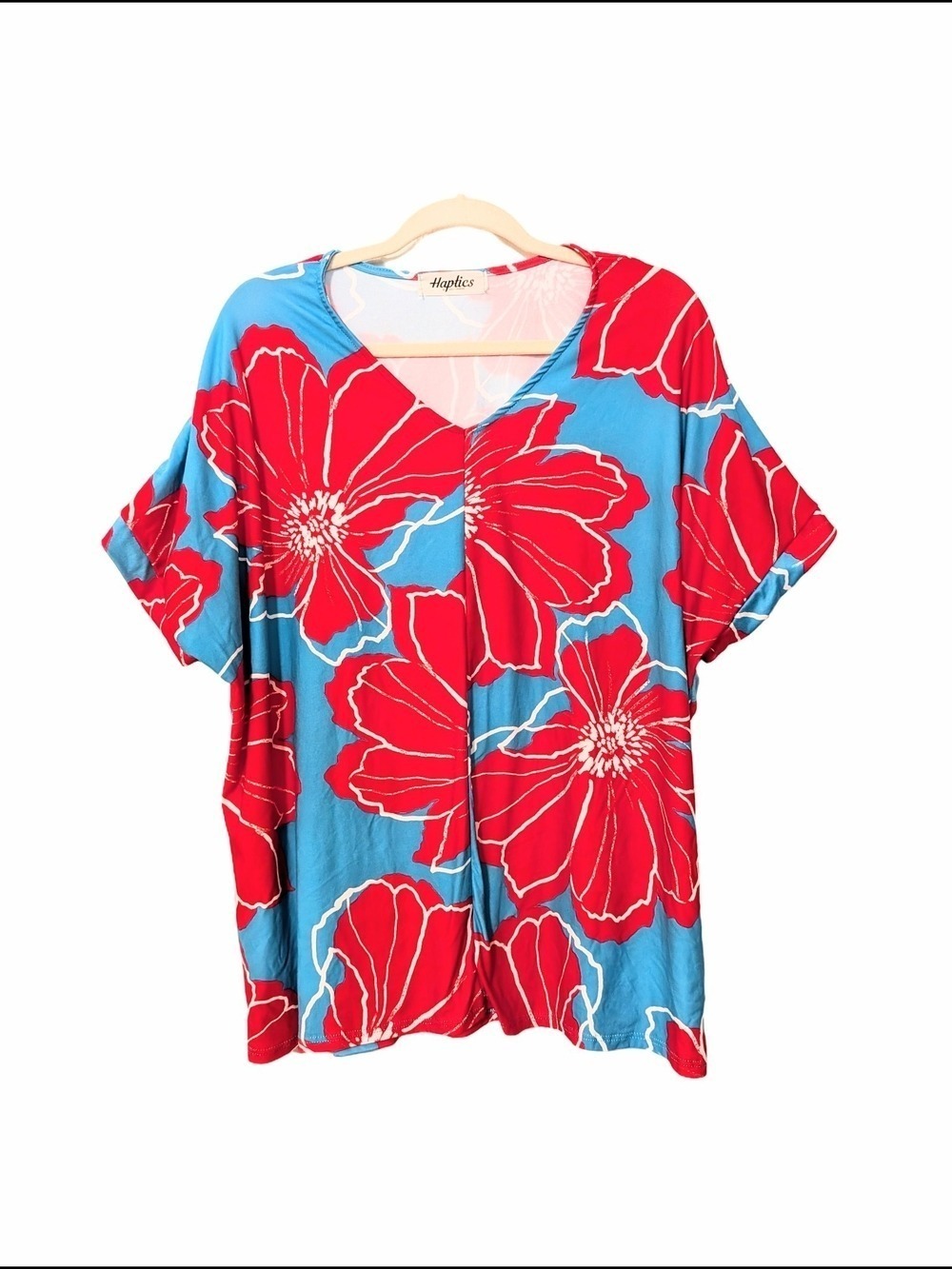 Vibrant Bright Blue & Red Floral V-Neck Top By Haptics